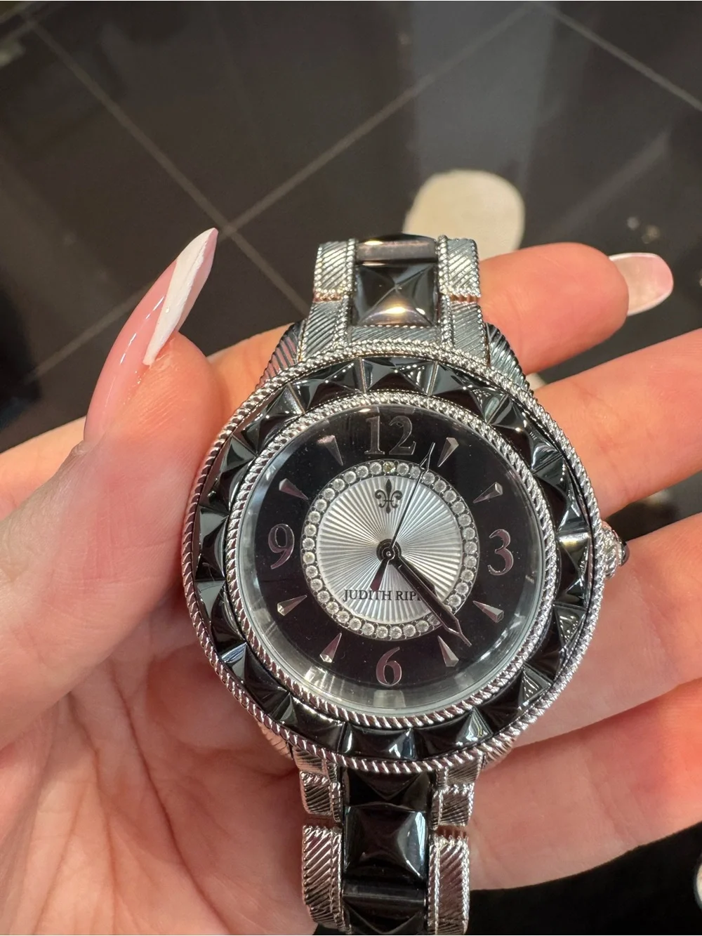 Judith Ripka Silvertone Watch Black Pyramid Stud Stone Bezel Textured Link Band